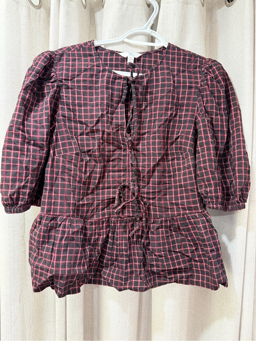 Plaid Puff Sleeve Ruffle Button Front Top - Red & Black
